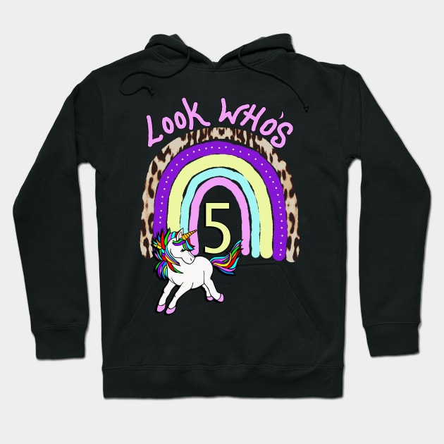 Birthday 5 Year Old Rainbow & Unicorn Hoodie by tamdevo1